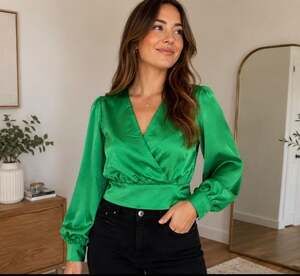 Renee C. USA Green Satin Long Sleeve Wrap Blouse Size M